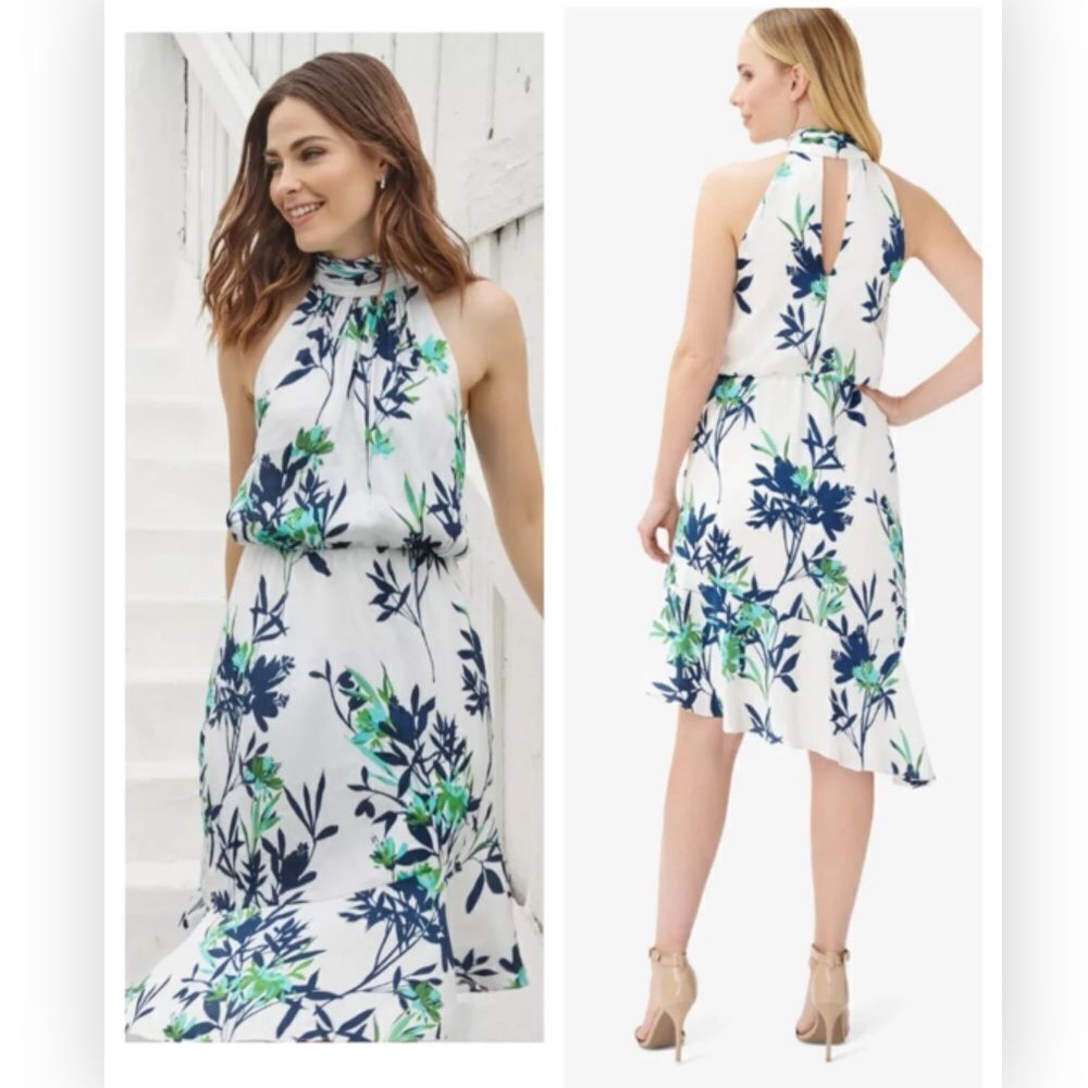 Adrianna Papell White Floral Textured Chiffon Halter Neck Blouson NWT $159